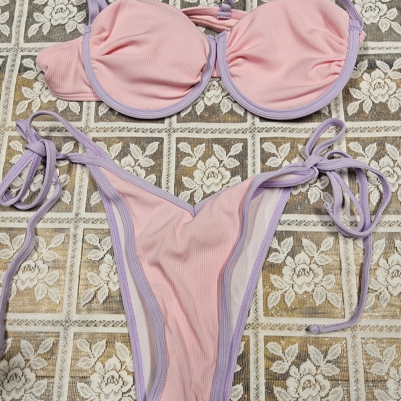 NWOT Size Zaful Pink and Lavender Ribbed Tie-Side Bikini Swimsuit - Picture 9 of 9